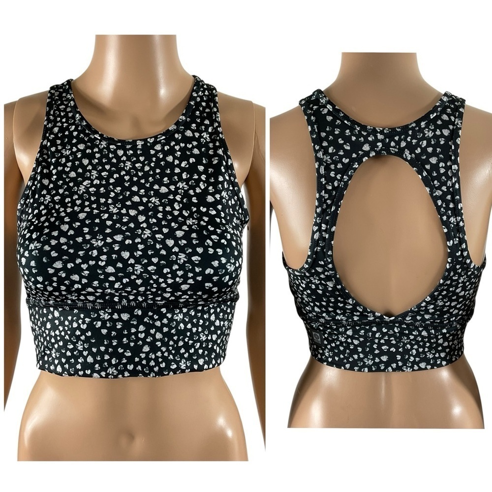 JOLYN Rae Sports Bra Top Size Small Black White Heart Print Open Back UPF 50+